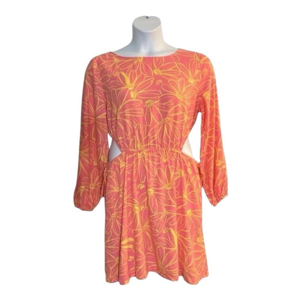 Universal Thread Pink Yellow Linen Cutout Short Dress Large Balloon Sleeve Beach